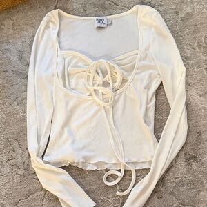 NWT Princess Polly Cream Ribbed Long-Sleeve Tie-Front Crop Top and Skirt Set